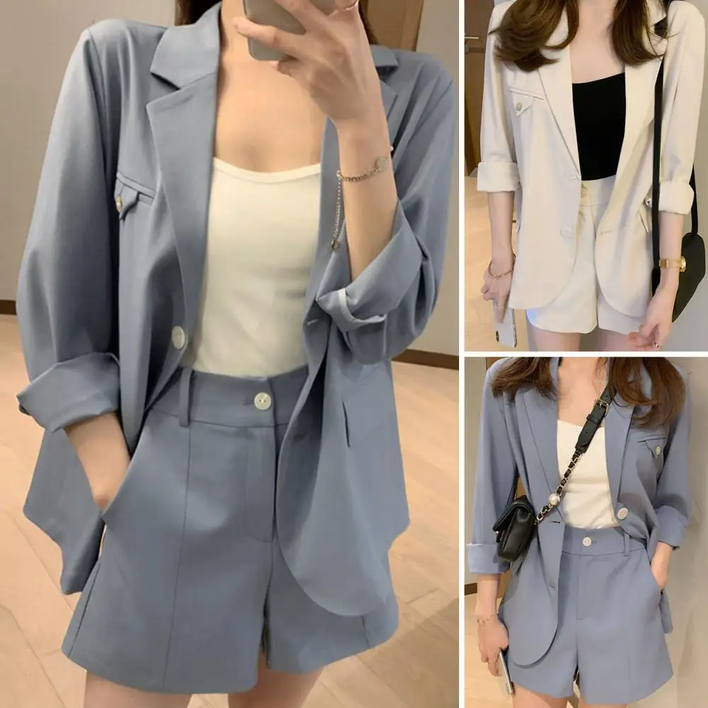 

Women Blazer Coat Shorts Set Solid Color Long-Sleeves Lapel Suit Jacket Short Pants Outfit Office Lady Suit conjuntos cortos