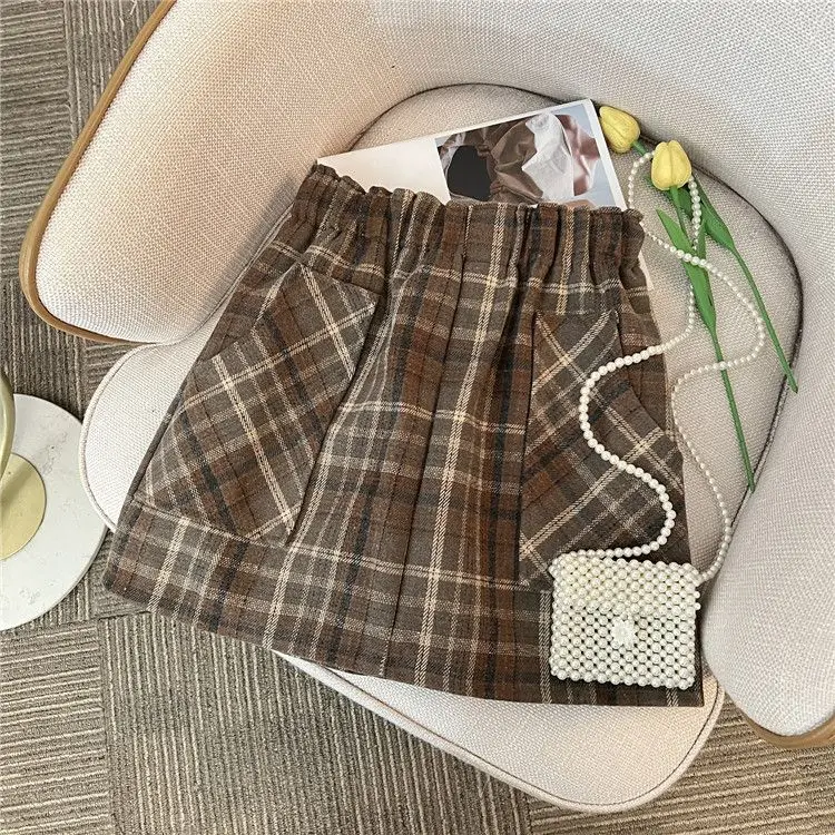 

Vintage Plaid Woolen Skirt Women Autumn Winter Elastic Waist Pocket A-line Wrapped Short Skirts Preppy Fashion Clothes