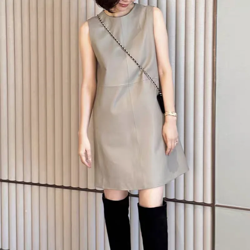 Classic Retro Leather Black Dress Women Spring O-Neck Sleeveless Short Semi-Vegetable Tanned Sheepskin Straight Vest Vestidos