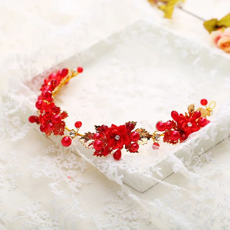 Red Color Crystal Pearl Leaf Headband Hairband Tiara For Women Bridal Wedding Hair Accessories Jewelry Headband Tiara