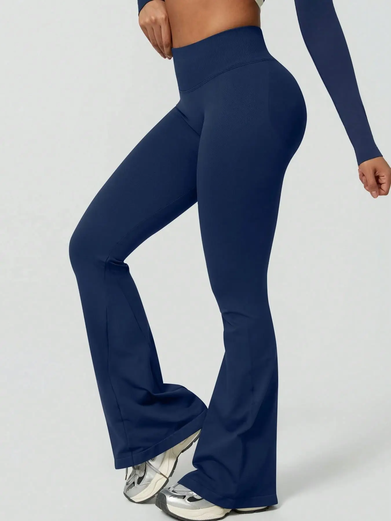 Damen High-Waist Flare Yoga-Hose, Einfarbig, Nahtlos, Breiter Bund, Weites Bein für Fitness, Laufen, Workout – Detail 9