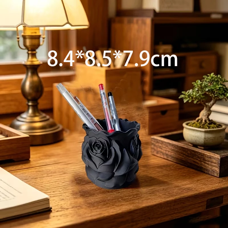 3D Printed Romantic Rose Pen Holder Embossed Floral Sculpture Desktop Stationery Organizer Flower Makeup Brush Storage Cup