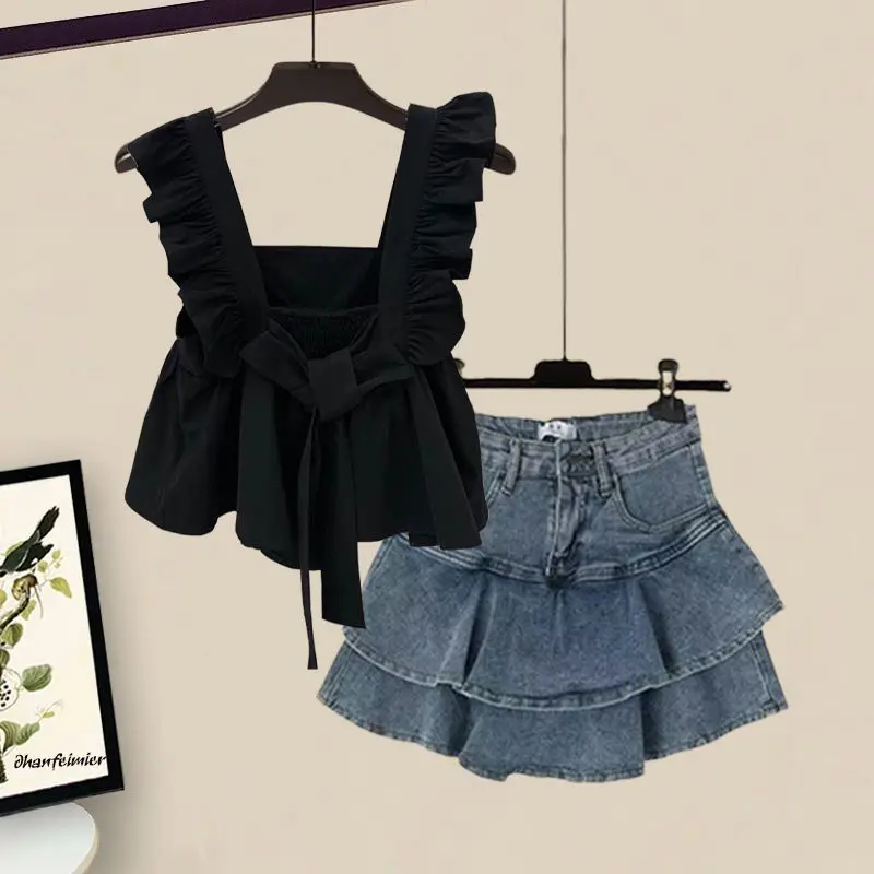 

Летний модный женский комплект из топа с узлом и юбки с высокой талией, облегающий, для студенток и офиса