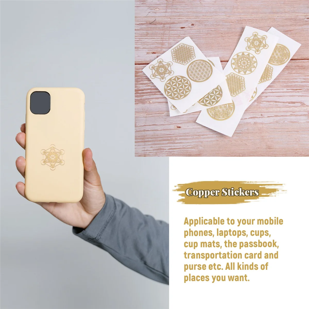 A44T16Pcs/Set Metal Energy Decor Sticker Flower of Life Children's Day Gifts 7 Chakra Copper Energy Tower Orgonite Stickers