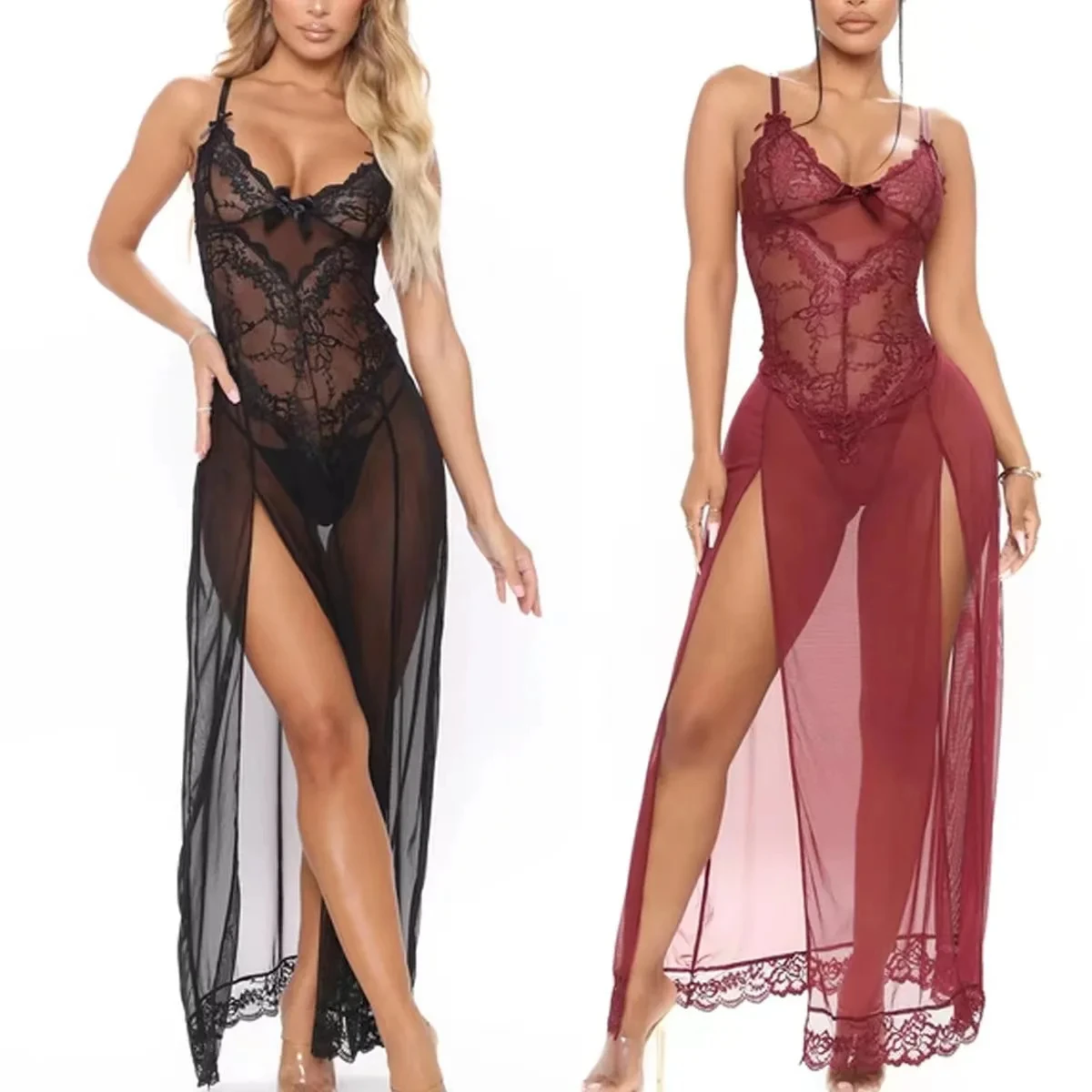 Plus Size Mesh Sling Nightdress Lace Emotional Lingerie Sexy Nightwear Female Temptation Nighties for Women Sleeping Dress S-5XL