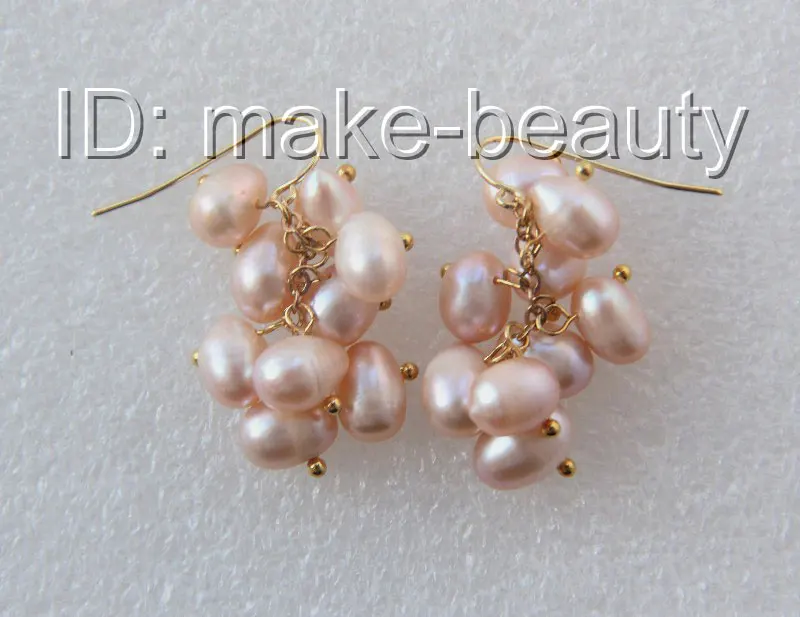 stunning 10mm baroque pink freshwater cultured pearls grape dangle earrings 14K