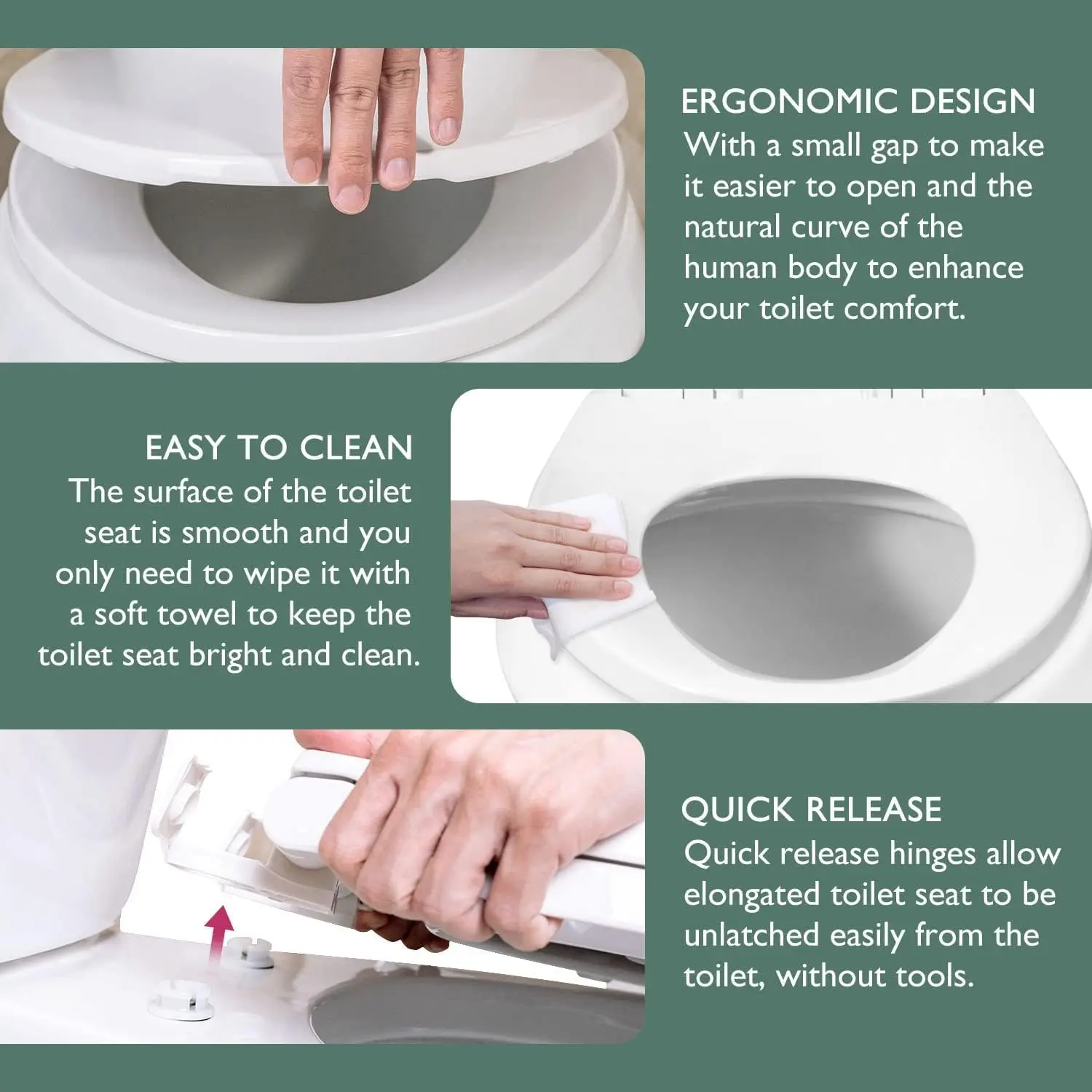 Elongated Toilet Seat with Soft Close Hinges, Easy Clean Quick-Release Design, Non-Slip Bumpers, Durable White Plastic view 5