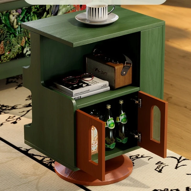 Elegant French Retro Rotating Side Table in Solid Wood, Refined Corner Cabinet for Living Room