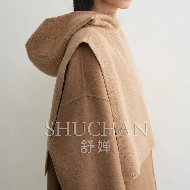 

Autumn and winter new stacked artifact texture soft wool knitted hooded scarf simple solid color vest scarf women