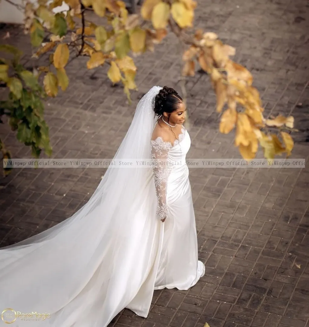 Mermaid 2 In 1 Wedding Dresses Satin Sheer Neck Long Sleevee Corset Lace Beads Africa Detachable Train Bridal Gowns Customized