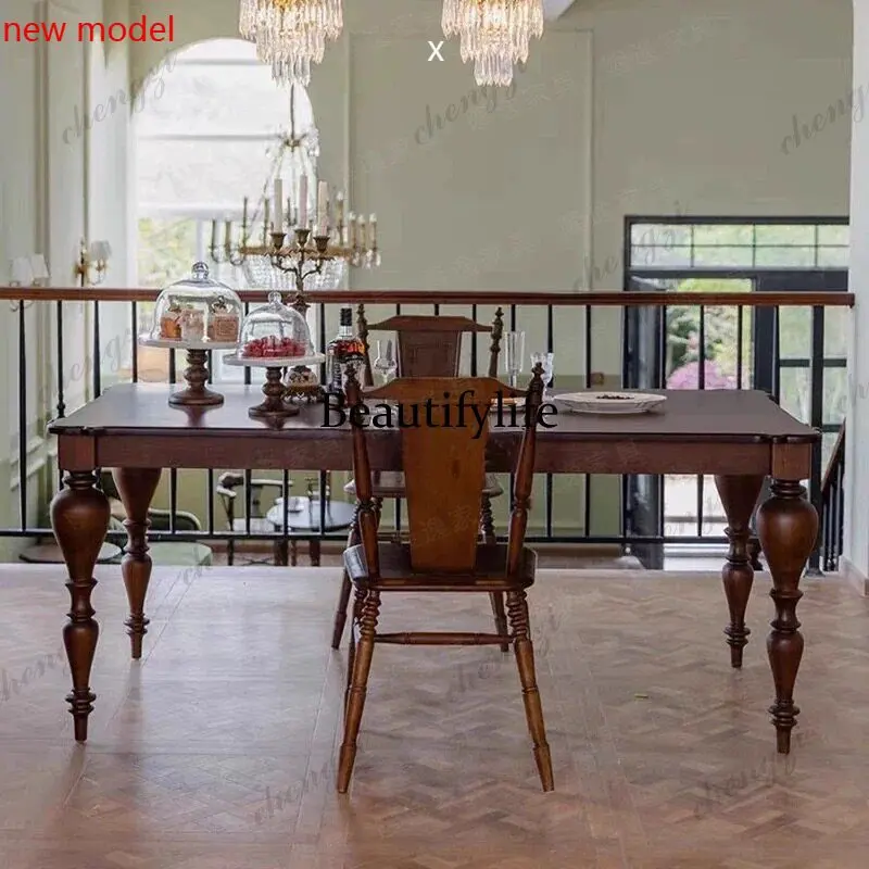 DD182French medieval, American solid wood dining table, retro rectangular table, coffee desk