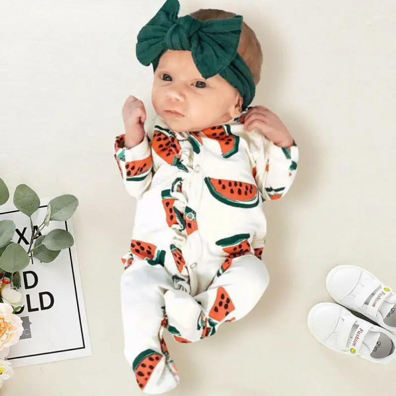 Newborn Toddler Baby Boy Girl Clothes Cute Watermelon Print Romper Long Sleeve Wrapped Foot Jumpsuit New Born