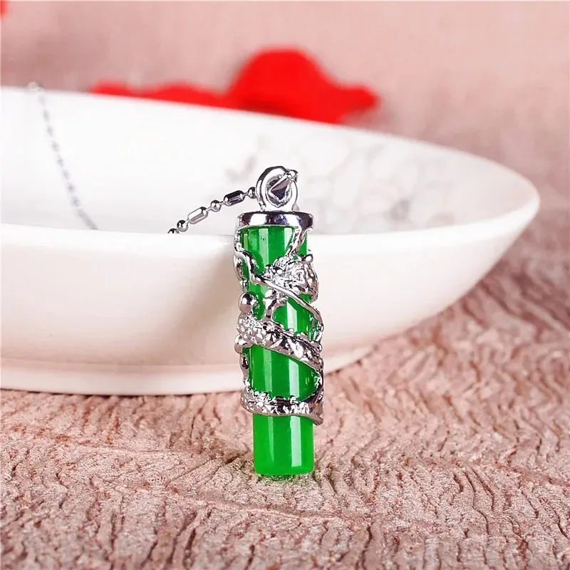 

Natural Green Jade Dragon Pillar Pendant 925 Silver Necklace Carved Charm Jewelry Fashion Accessories Amulet for Men Women Gifts