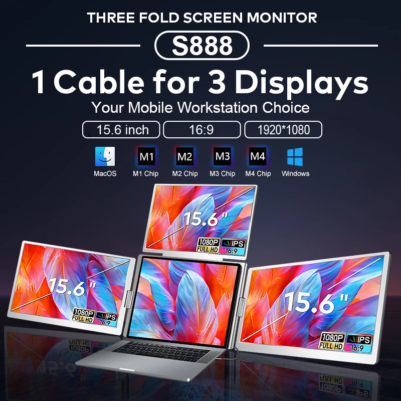 2025 Novo monitor quádruplo com 3 telas, monitor portátil para laptop de 15,6 polegadas compatível com 12-18,5 polegadas Wins/Mac (M1 M2 M3 M4)