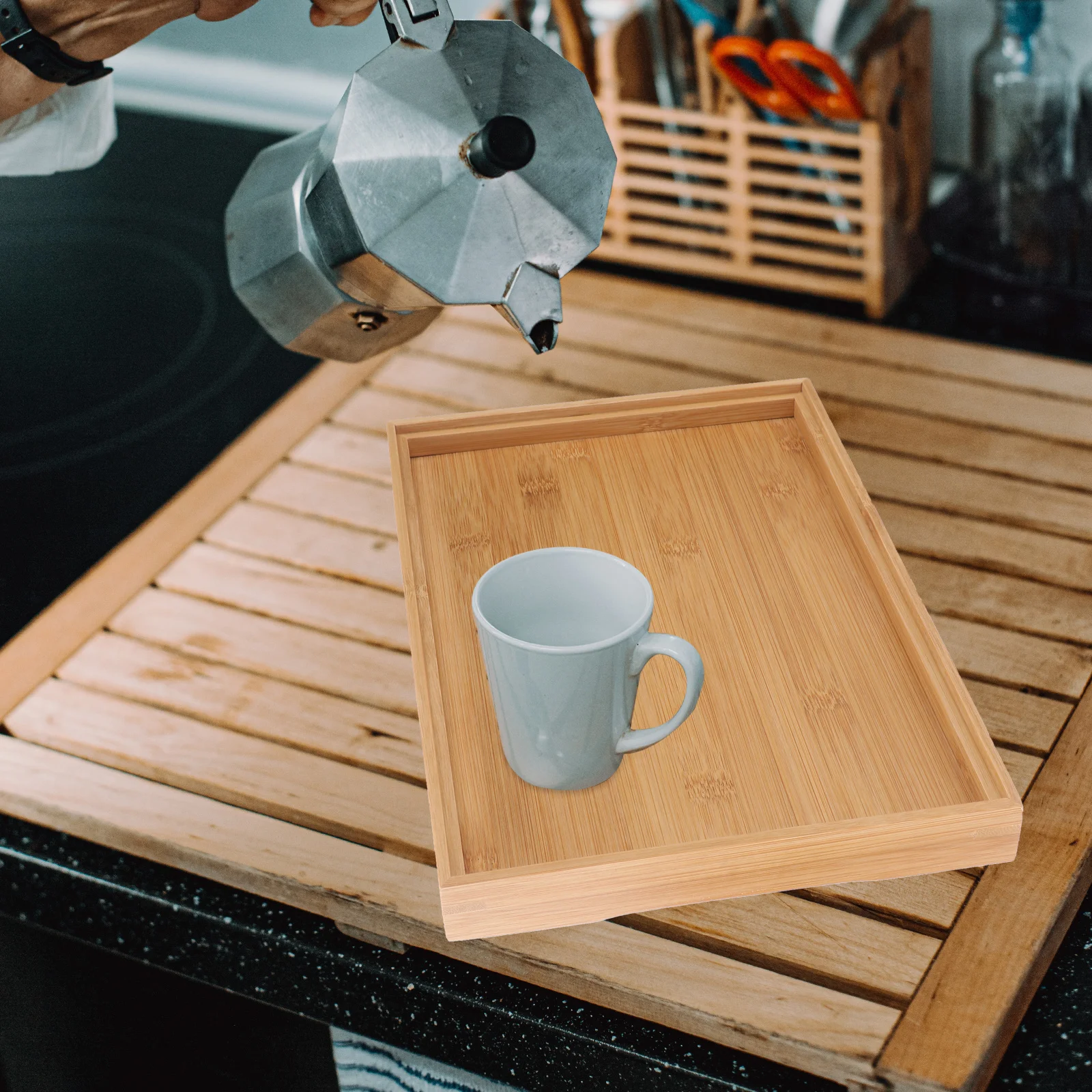 

Handmade Bamboo Tea Tray Small Square Straw Woven Bright Color Solid Hard Washable Wooden Plate Fruit Pizza