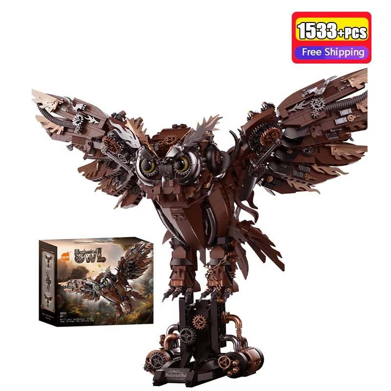 1533Pcs MD8802 Steam Owl Building Blocks Mechanical Model Bricks Set Creative Hobby Construction Toys Display Stand
