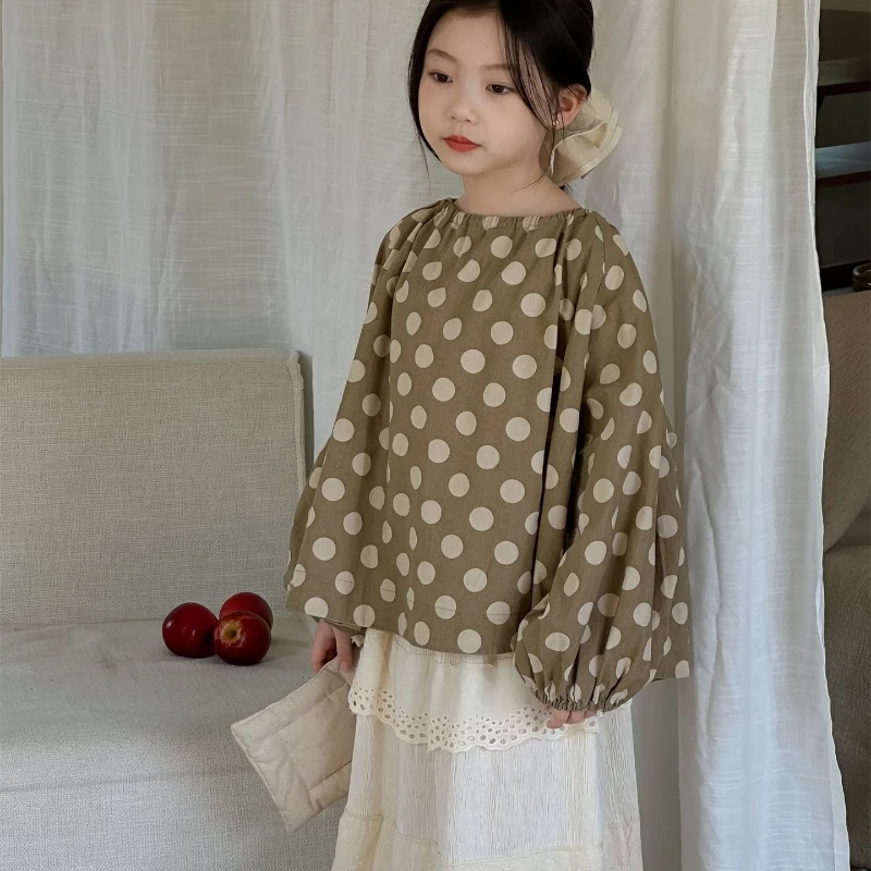 

Girls' Top 2024 Autumn New Korean Style Polka-Dotted Western Doll Shirt All-Matching Leisure Tide