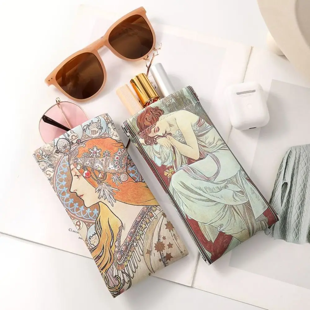 Creative Mucha Painting Sun Glasses Case PU Leather Soft Shell Eyewear Storage Bag Portable Automatic Closing Glasses Box Unisex