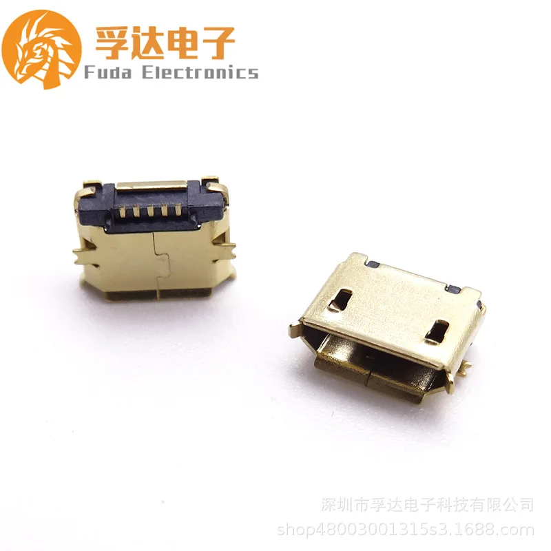 For MICRO USB patch female seat  board, both feet are fully attached to SMT with columns and pads, and the shell is gold-plated.