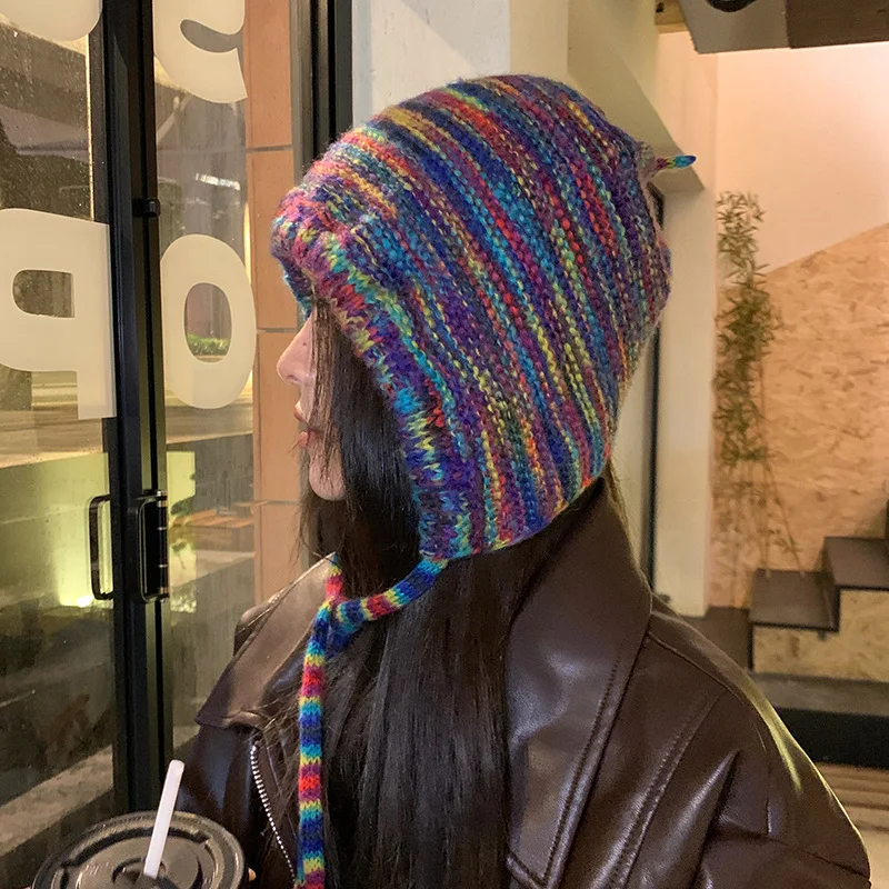 

Rainbow Striped Ear Flap Hats Classic Coldproof Knit Hats Warm Skull Cap Trendy Beanies For Women Female Autumn & Winter