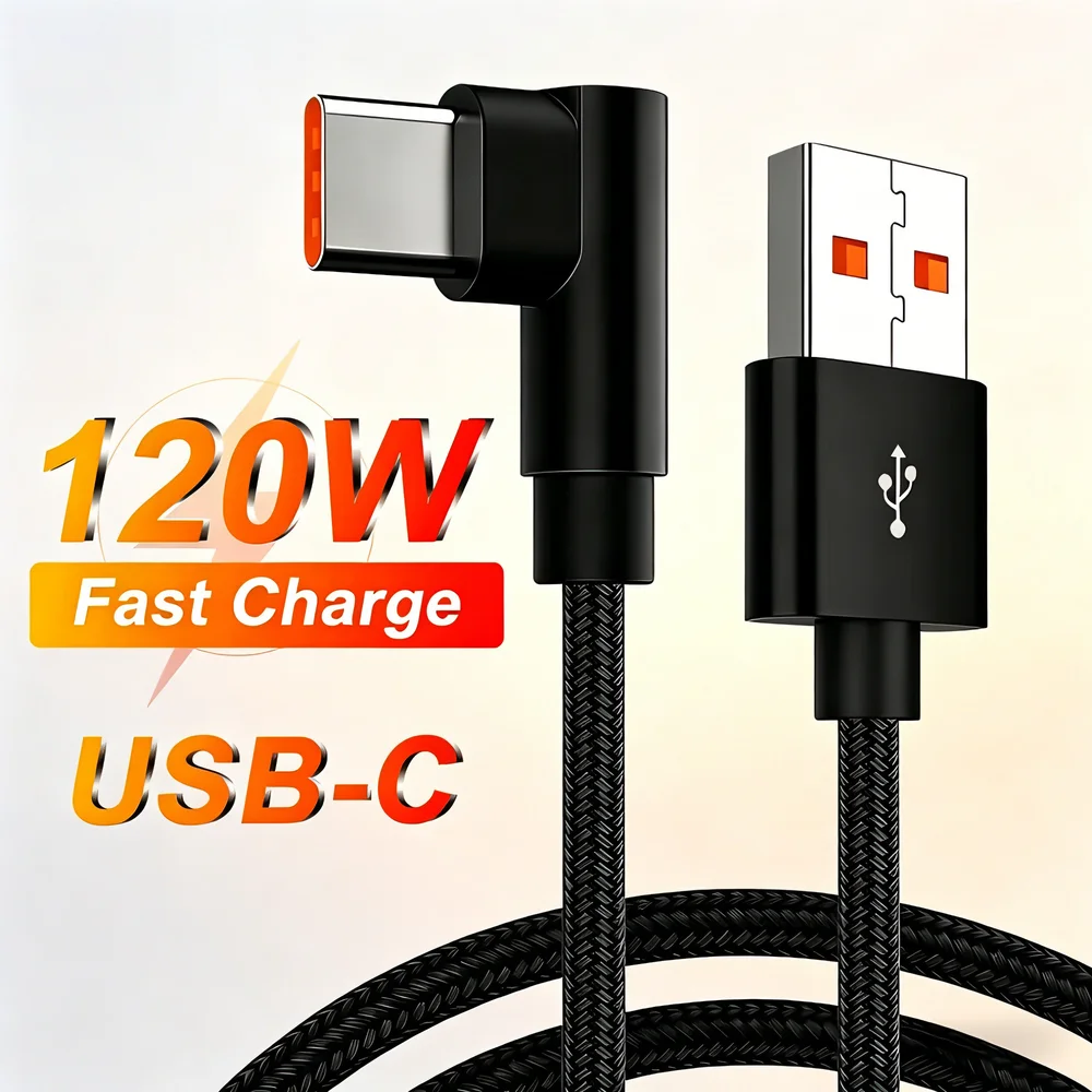 90 Degree Nylon Quick Charging Type C USB Cable For Xiaomi 13T Redmi Note 11T POCO X5 Pro Huawei P50 Honor 200 Lite Braided Wire