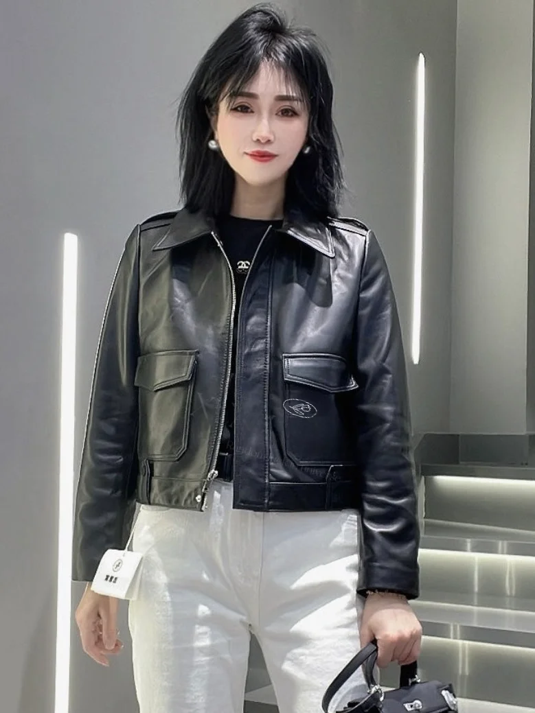 

ort Bla Leather Jaet Women's Spring Autumn Sle Commute Loose Fit Long Sve Square Collar Coat Young Ladies Faion