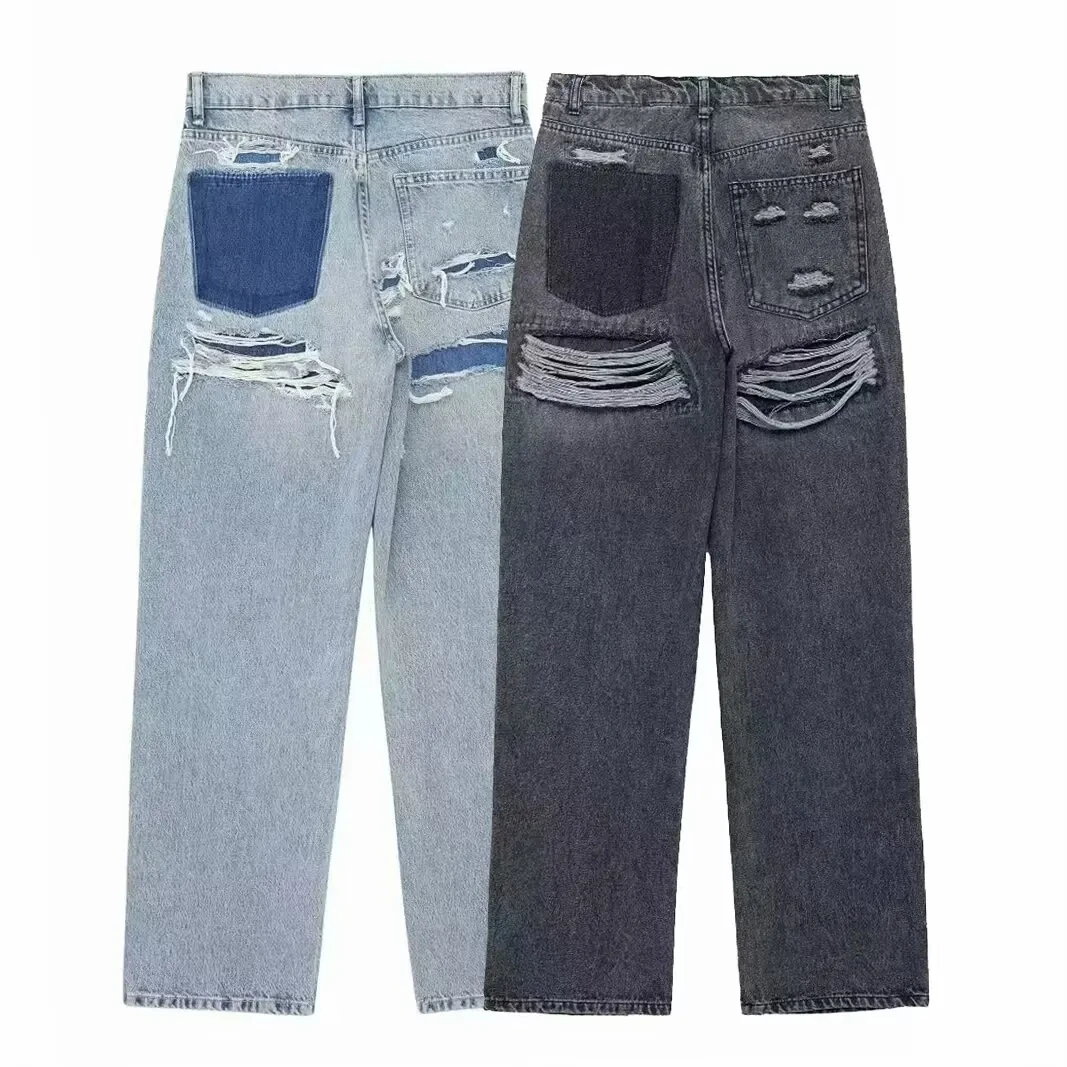 Jeans For Women Denim Solid Loose Zipper Fly Female Hole Trouser Pockets Wild Basic Commute Woman Wide Leg Long Pant