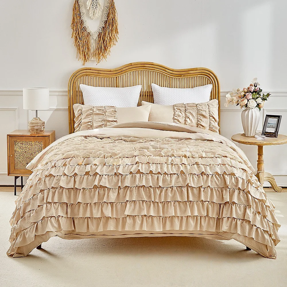 Korean Lace Ruffle Duvet Cover Set All Seasons Bedding Set with Quilt Cover and Pillowcase Double Queen King Comforter Cover Set