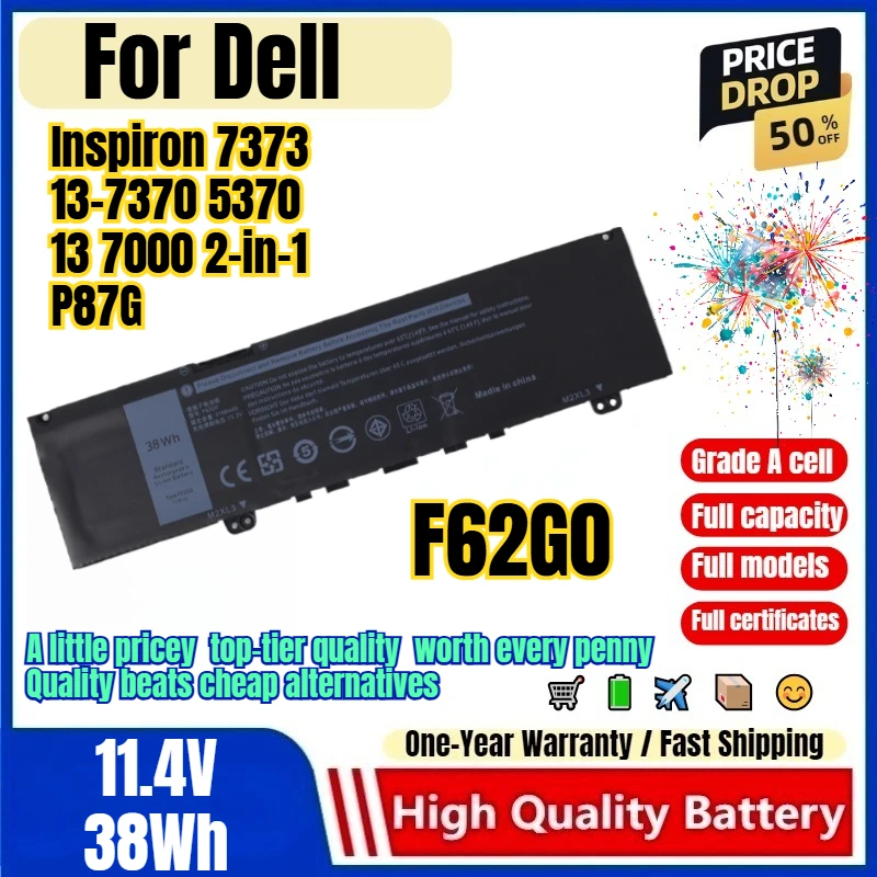 F62G0 for Dell Inspiron 7373 13-7370 5370 13 7000 2-in-1 P87G Laptop Battery 0 Cycle  High Capacity Battery Replacement Bateria