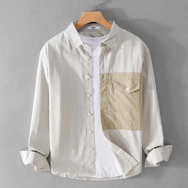 

Spring Autumn Men's Casual Single Wear irt Pure Cotton Patchwork Youth Trendy Color Blo Top Outerwear Versatile Cotton irt