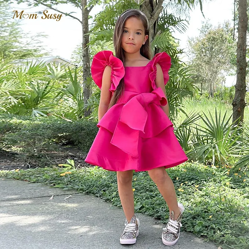 Baby Girl Princess Silk Dress Short Flared Sleeve Toddler Child Vestido Party Pageant Birthday Ball Gown Baby Clothes 2-7Y