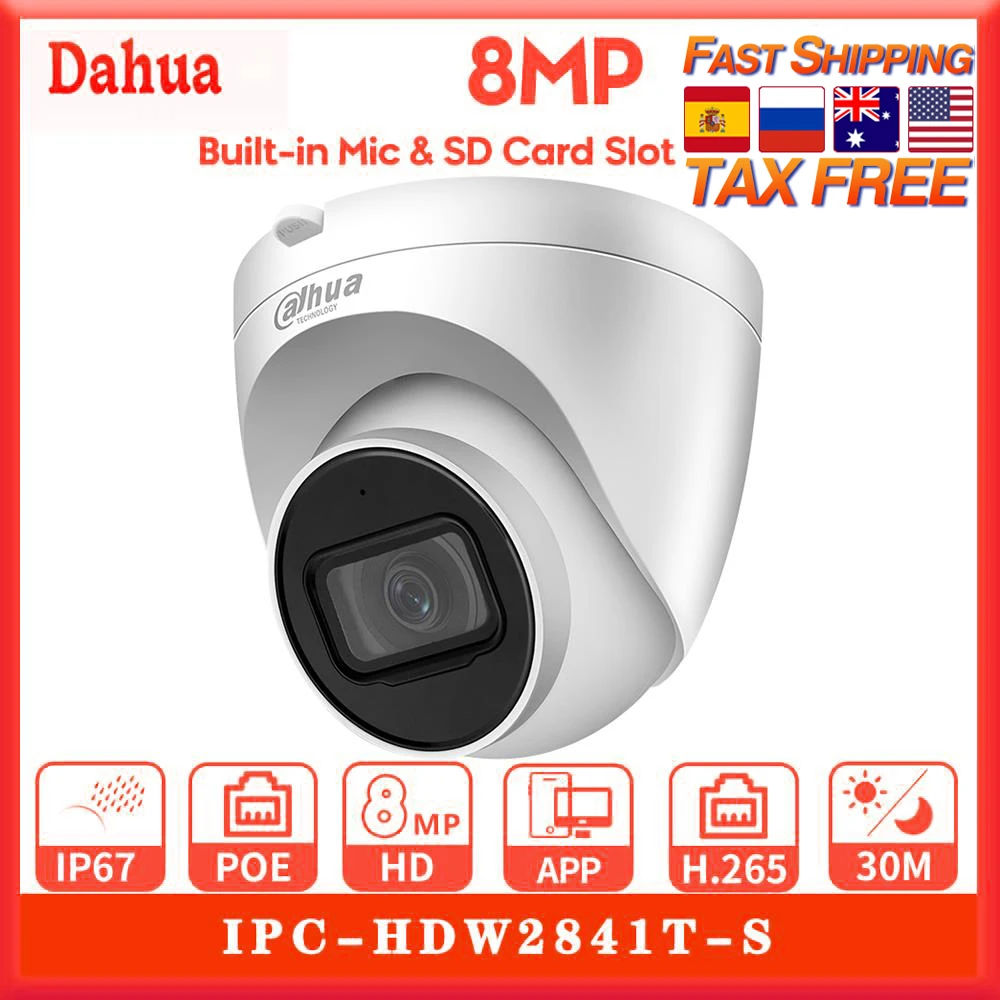 

4K 8MP Dahua Camera IR Poe IPC-HDW2841T-S Starlight WizSense Ip Camera Built-Mic IR30M IP67 Eyeball Surveillance Camera