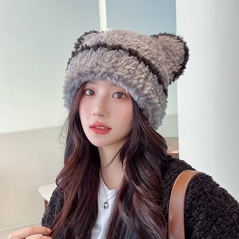 

Fashion Cute Ear Women Earmuffs Cap Cartoon Bear Ear Protection Hat Solid Color Plush Girl Winter Warm Fluffy Fur Headgear