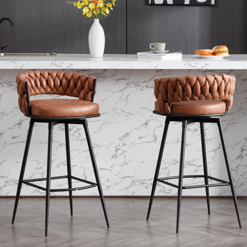 

Bar stools 180° Swivel Suede Fabric Stool Chairs with Woven Back and Footrest for Kitchen Island, Cafe, Pub, Bar Counter