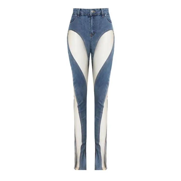 

Mesh Denim Patchwork Casual Streetwear Women Autumn Clothing High Waist Denim Leggings