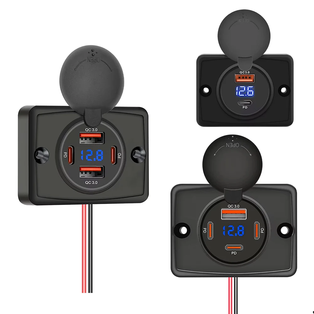 12V/24V RV Outlet QC3.0 USB 30W PD Type-C Fast Charger with Sliding Cap Waterproof Fast Charging Power Outlet for Boat Bus Truck