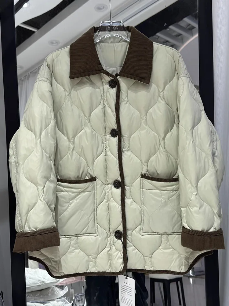 

Women Down Jacket Coat 2025 Winter New Contrasting Turn Down Collar Single Breasted Button Lightweight Jacket