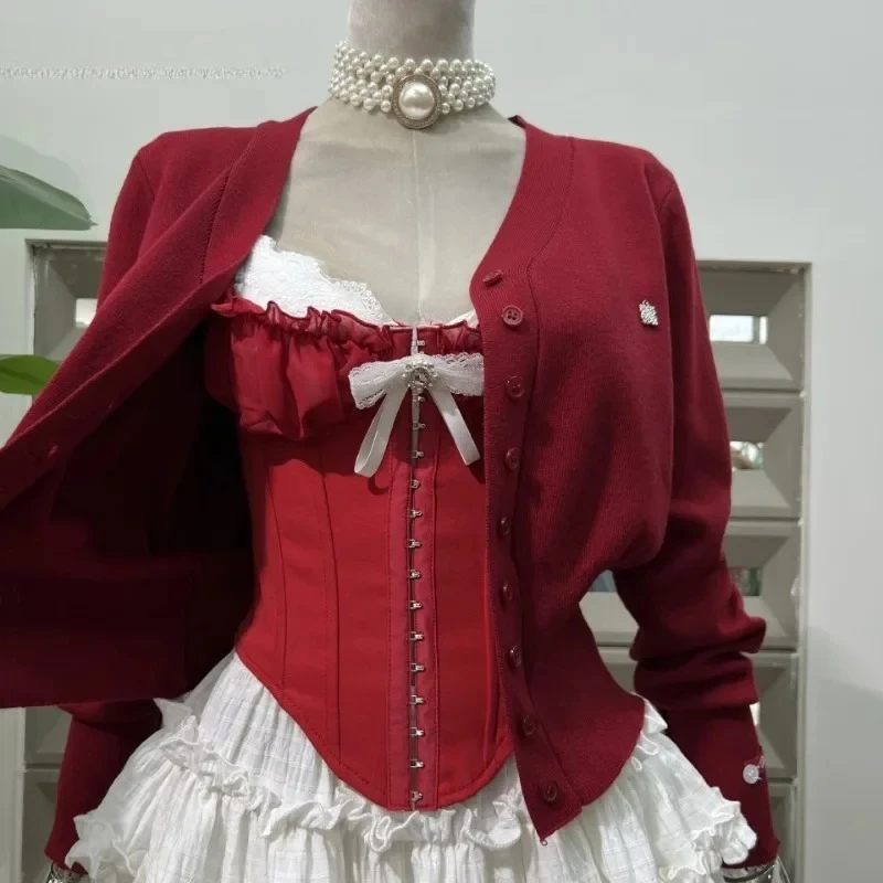 

V-neck Cardigan Retro Cake Girl Anti Slip Skirts Japanese E-girl Gothic Slim Fit Camis Fashion 2025 Y2k 3-piece Sets dfds12