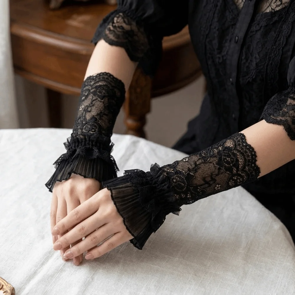 Lace Trim Lace Arm Sleeves Mesh Floral Embroidered Fingerless Gloves See-Through Breathable Decorative Gloves
