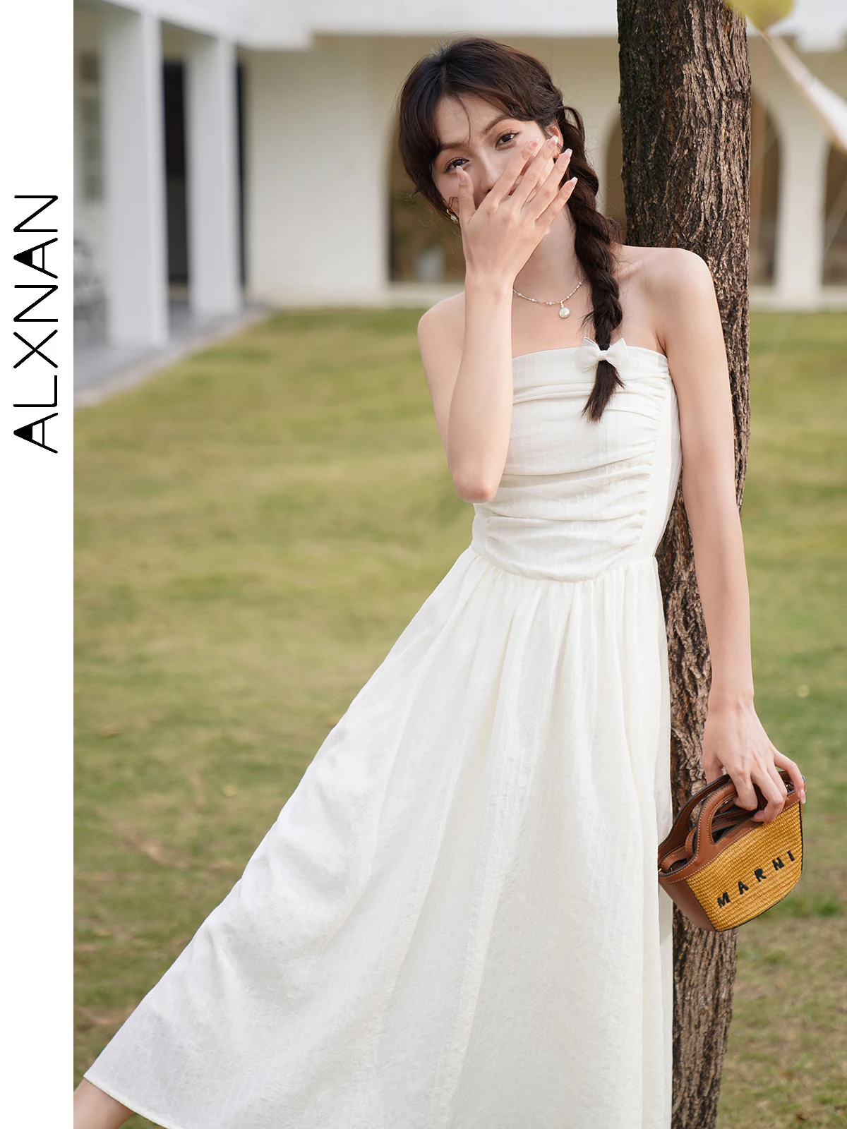 ALXNAN Frenchy Sexy Strapless Women Dress 2024 Elegant Female Summer Draped Fitted A Line Long Dress Womans Clothing LXN29656