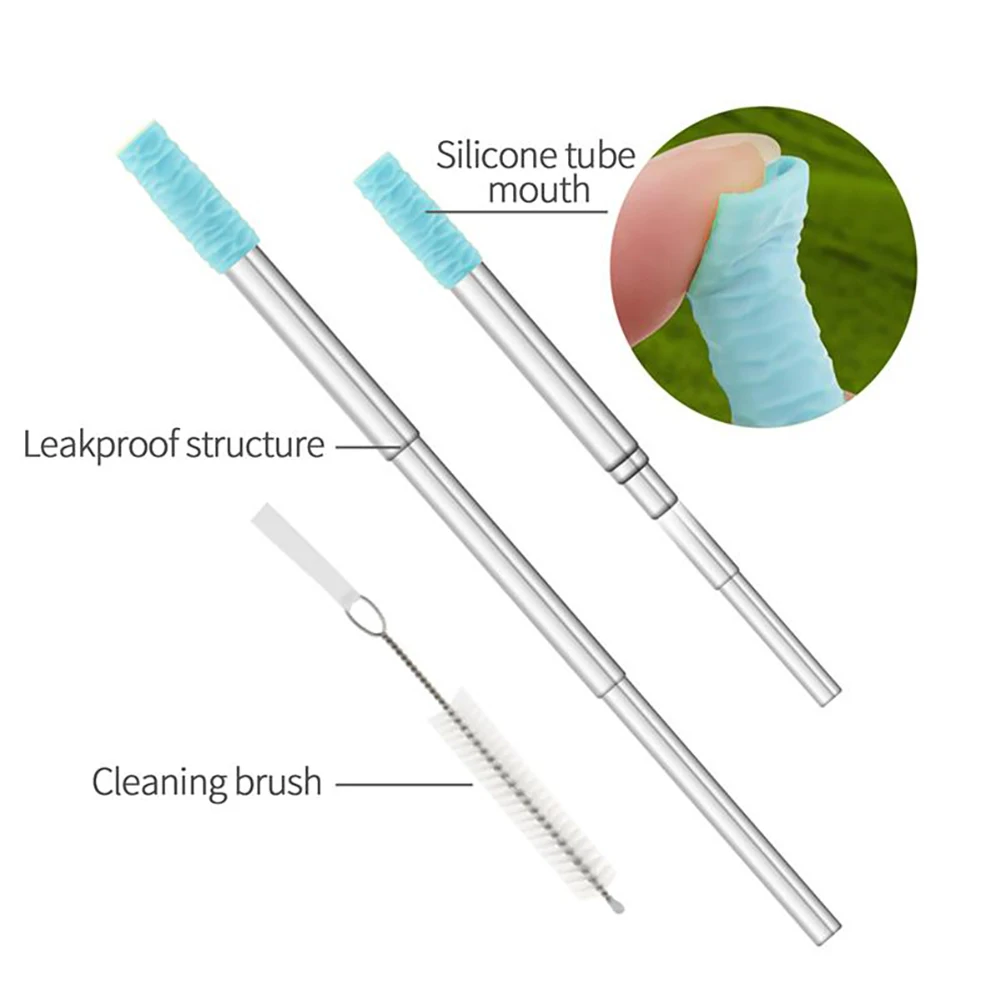 304 Stainless Steel Folding Straw Set Portable Telescopic Straw Tips with Cleaning Brush Telescopic Straw with Silicone for Home