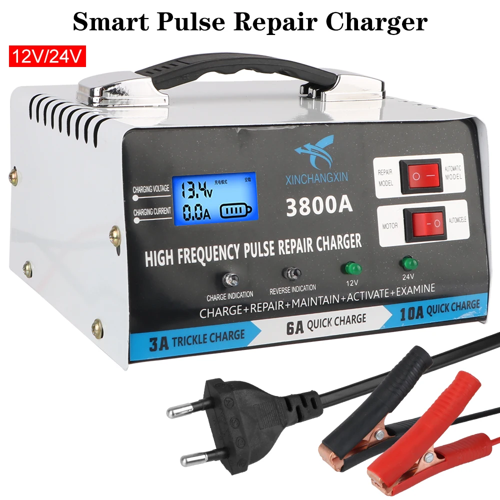 12V 24V Fast Charger High Power Repair Battery Charger Full Automatic Car Battery Charger For Lead Acid Battery EU Plug