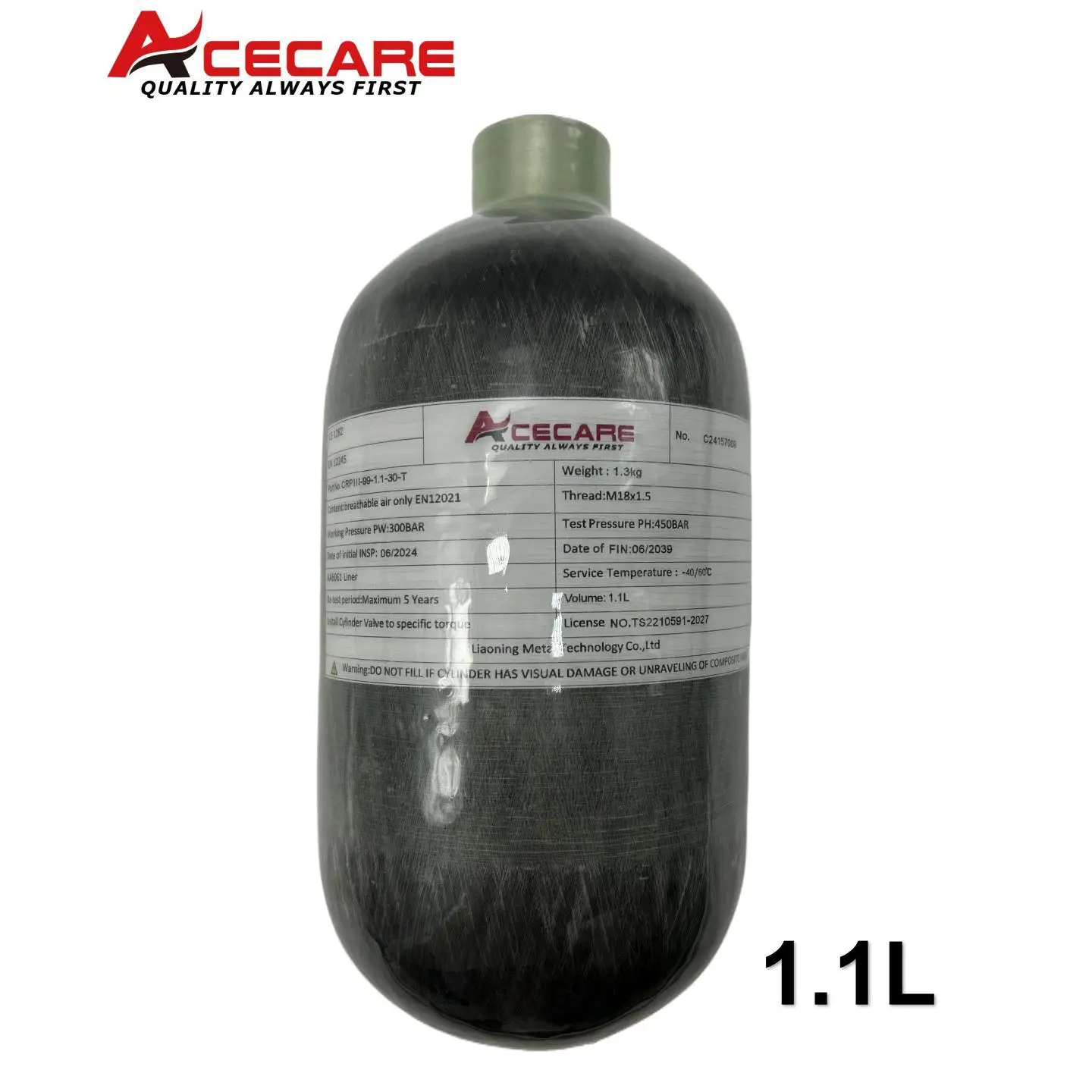 ACECARE 탄소 섬유 실린더, CE 스쿠버 다이빙 실린더, HPA 병 고압 탱크, M18 * 1.5, 4500PSI, 300BAR, 30MPA, 1.1L