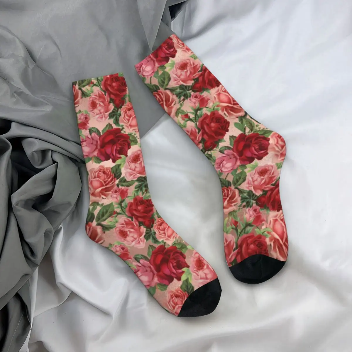 Vintage Floral Print Socks Winter Elegant Red Roses Stockings Retro Female High Quality Socks Design Outdoor Anti Skid Socks