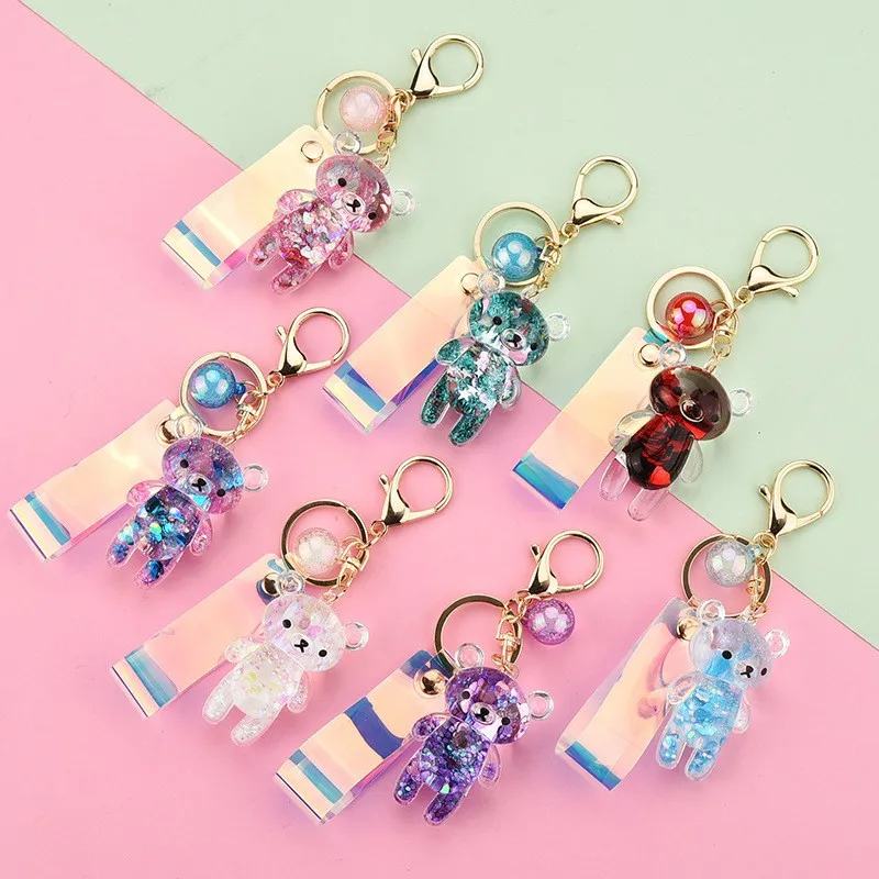 Liquid Keyring Glitter Bear Quicksand Keyring Acrylic Key Fob Backpack Pendant Couples Women Men Boyfriend Friend Keychains Gift