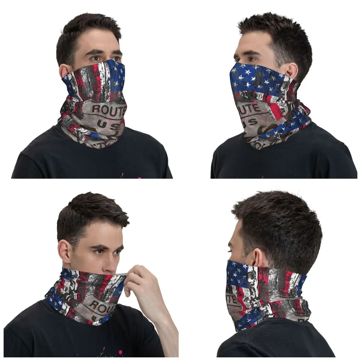 Vintage USA Flag Bandana Neck Warmer Men Women Winter Hiking Ski Scarf Gaiter US Route 66 Face Cover