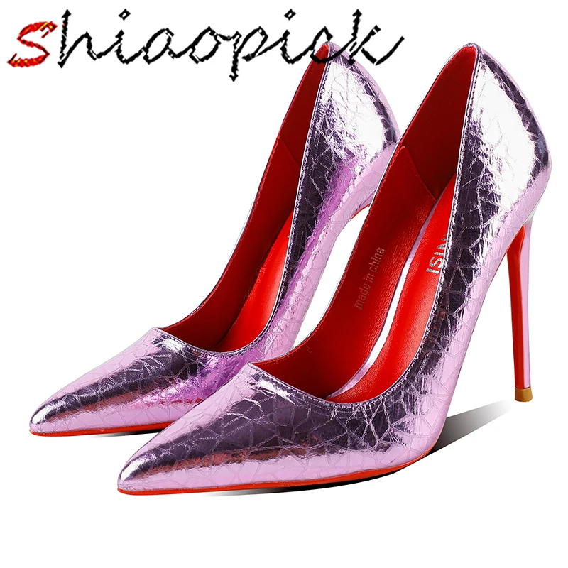 

Gorgeous Women Sexy 12cm Pumps Stilettos Genuine Leathers Sparkle Purple Silver High Heels Pointed Toe Wedding Dress Shoes