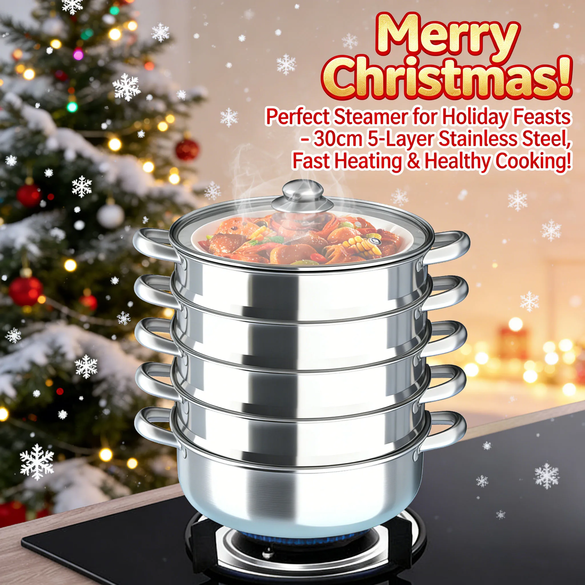 

5 Tier 30cm Stainless Steel Steamer for Cooking, Food Steamer W/ Tempered Glass Lid, Heat & Rust Resistant, Christmas Sale