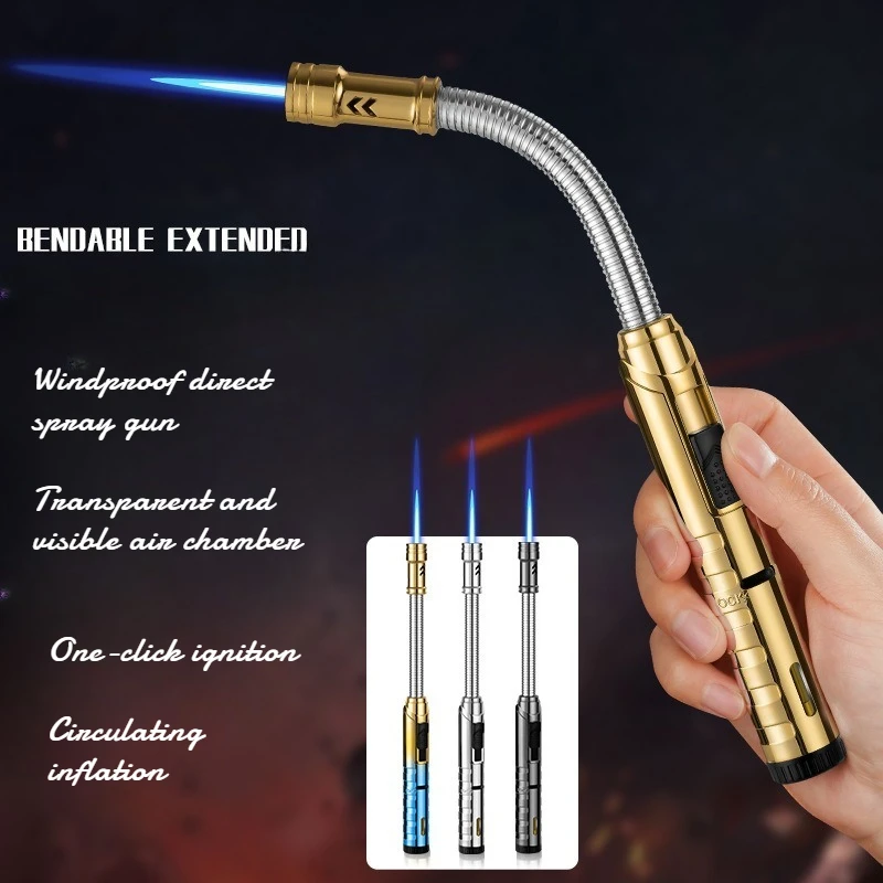 2026 New Simple Long-handled Igniter for Cigars Moxibustion Metal Direct-flush Outdoor Circulating Inflatable Windproof Lighter