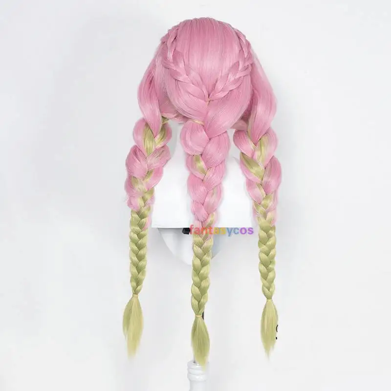 Kanroji Mitsuri Wig Kimetsu No Yaiba Cosplay Costume Long Pink Mixed Green Braid Wigs Party Hair for Halloween Role Play Party